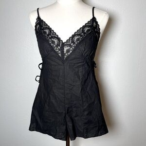 New SUNDAY SoHo Short Romper Lace Trimmed Black Linen+Cotton Blend Size Small